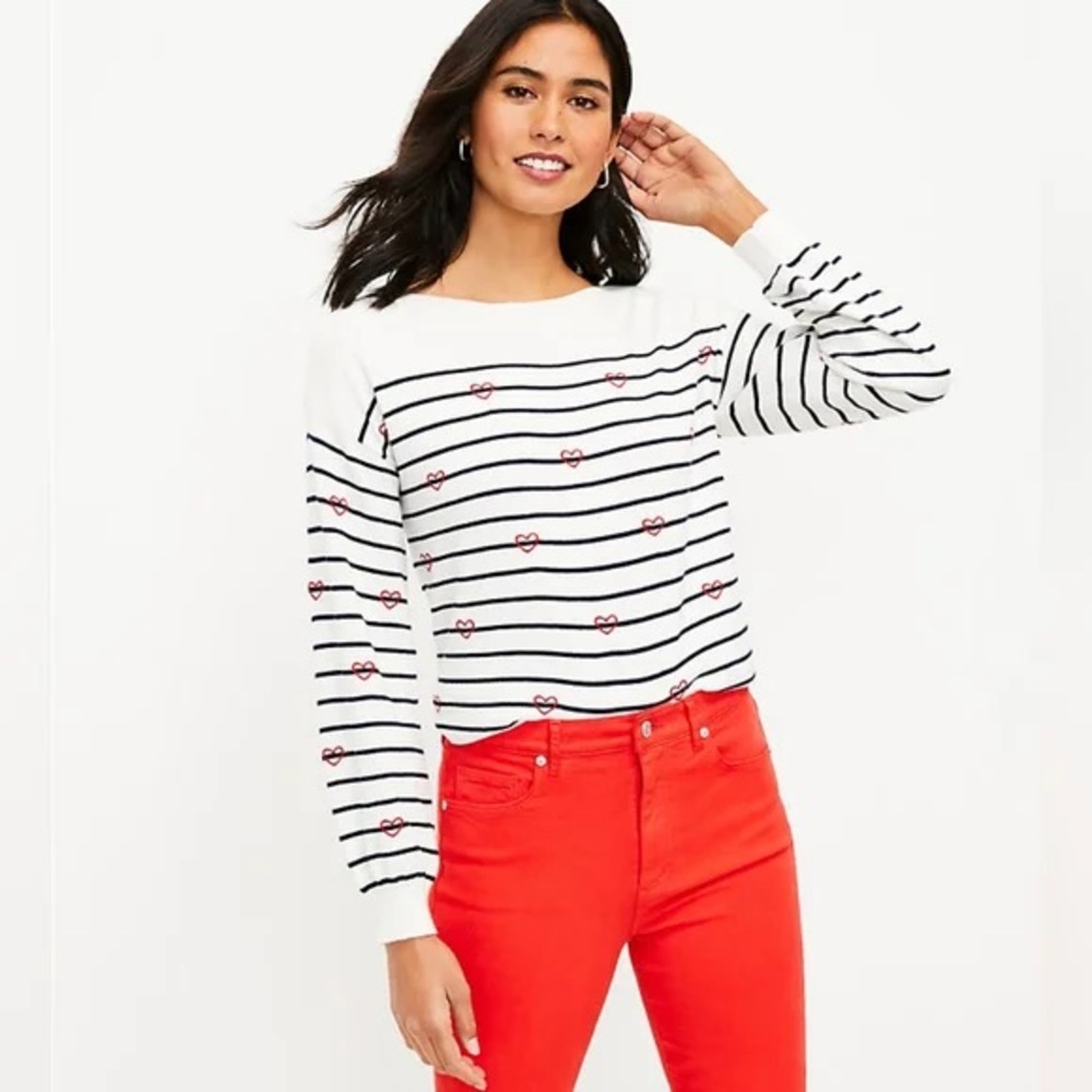 LOFT Cream Ribbed Knit Heart Stripe Top